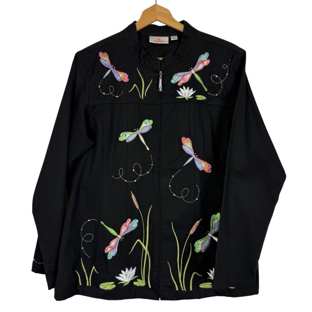 Quacker Factory Black Embroidered Dragonflies Jacket Sz Large Zip Up Colorful